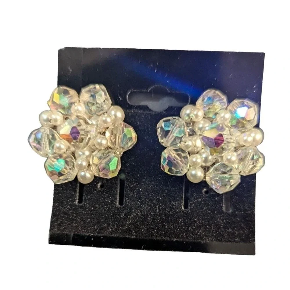 Vintage Aurora Borealis Crystal Bead Clip Earrings sparkle marked‎ Japan
